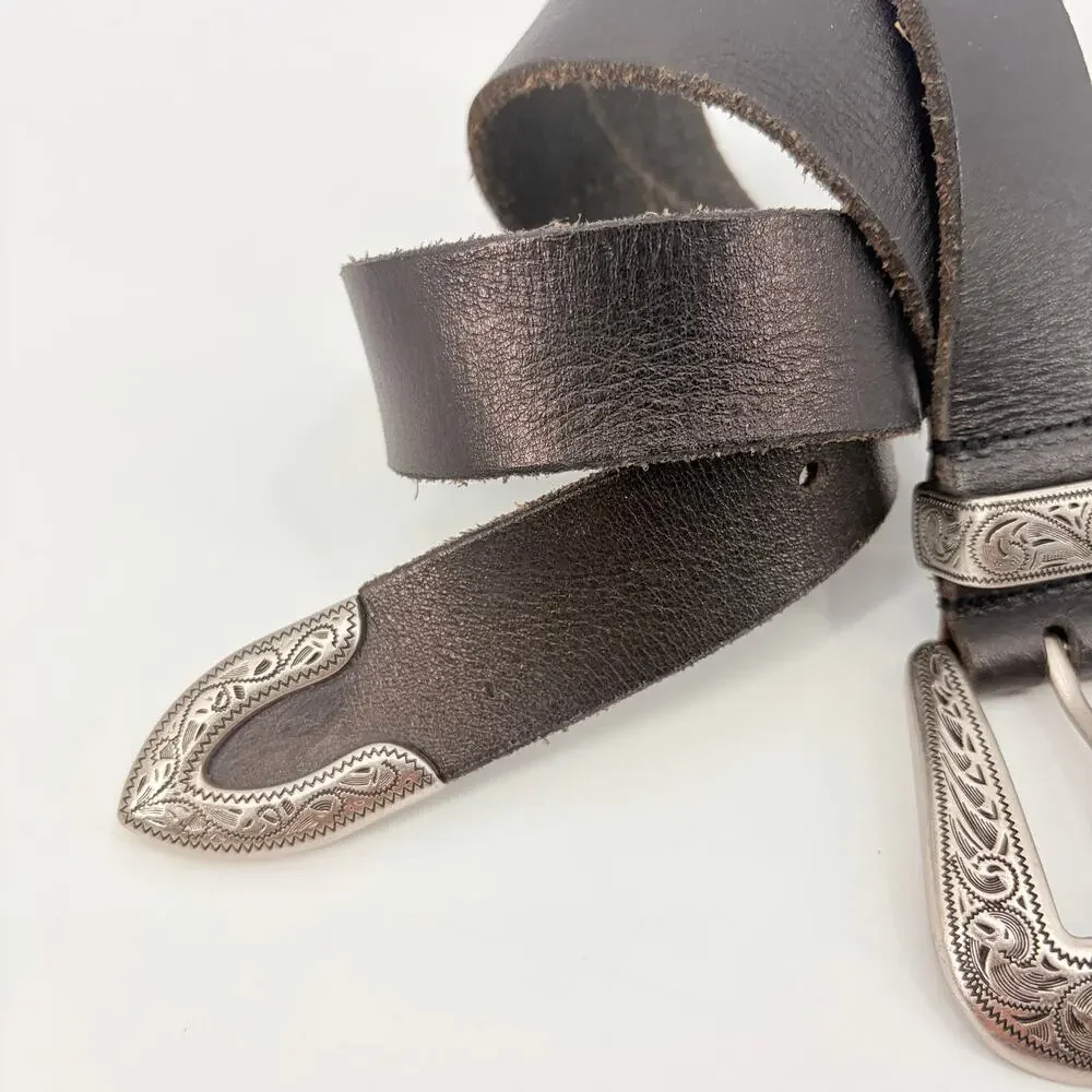 Urban Outfitters Leather Westerm Bels Sz S Silver Engraved Buckle Festival Boho
